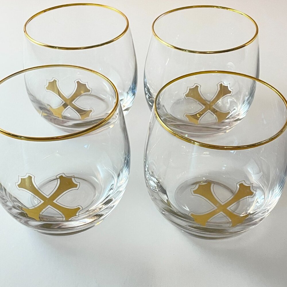 Bumbu Rum Collectible Cocktail Glasses Gold "X" Logo & Gold Rim Set of 4